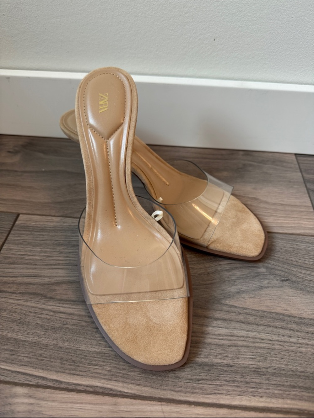 ZARA Clear Strap Tan Suede Slide Mules